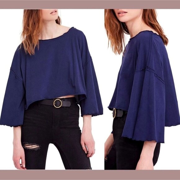 We The Free FP Bird Gang Tee In Moonlight Surf Women's XS Crop Wide Sleeves - Picture 1 of 10